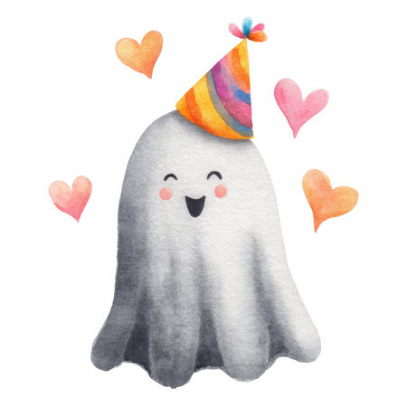 This adorable watercolor illustration features a cute ghost character wearing a festive party hat, surrounded by cheerful hearts, perfect for Halloween festivities.の写真素材