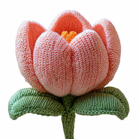 Crocheted woolen flower isolated on white background with clipping pathの写真素材