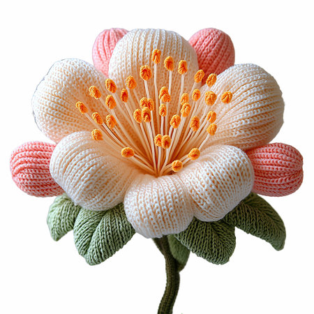 Handmade crocheted flower isolated on white background with clipping pathの写真素材