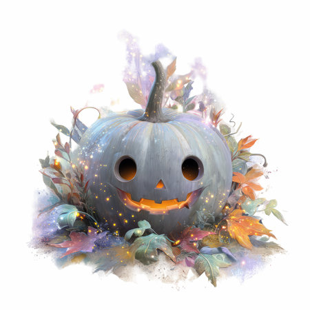 This captivating artwork features a smiling jack-o&#39;-lantern surrounded by colorful autumn leaves, evoking a joyful Halloween spirit ideal for decor.の写真素材