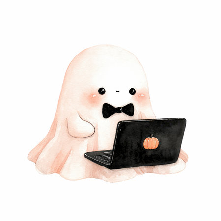 This adorable illustration features a cute pastel kawaii ghost in a flowing white design, snugly seated at a laptop, perfect for a charming autumn aesthetic.の写真素材