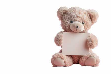 Teddy bear with blank sheet of paper isolated on white background.の写真素材