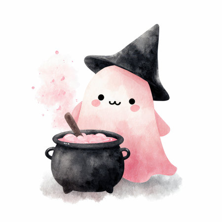 This adorable pastel pink ghost character wears a flowy black witch hat while brewing a sweet pink potion in a cauldron, perfect for seasonal themes.の写真素材