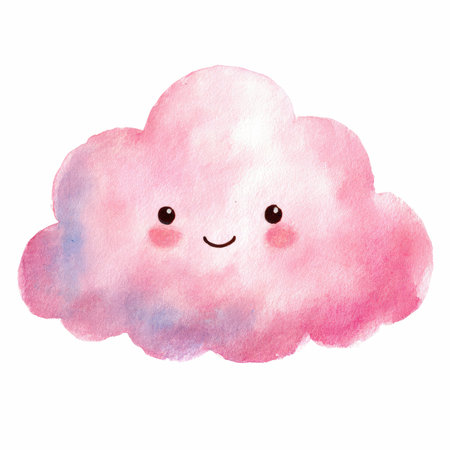 This charming illustration features a cute pink cloud with a smiling face, created in soft pastel colors. Perfect for cheerful designs.の写真素材