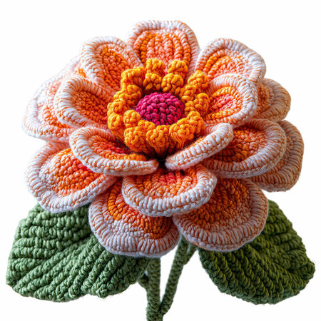 Handmade crochet flower isolated on white background. Clipping path included.の写真素材