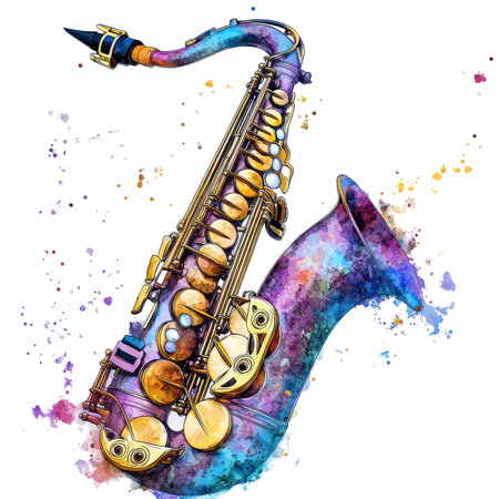 Watercolor illustration of a saxophone with multicolored splashesの写真素材