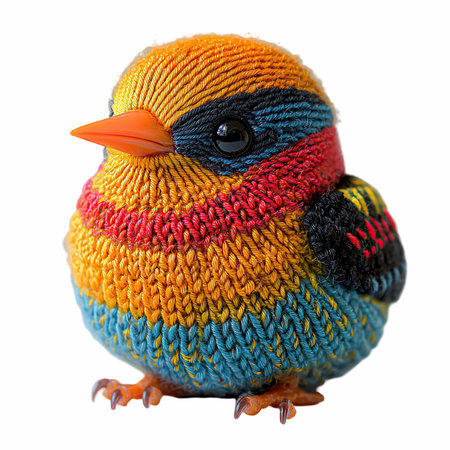 Handmade knitted toy colorful bird isolated on white background with clipping pathの写真素材