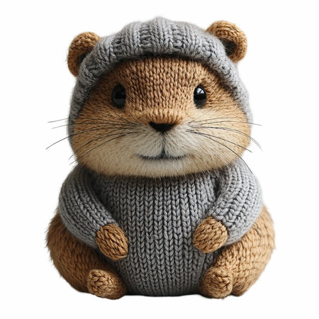 Cute little hamster in knitted hat isolated on white background