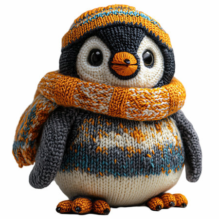Handmade knitted penguin isolated on white background with clipping pathの写真素材