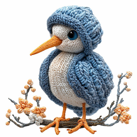Handmade woolen bird isolated on white background.の写真素材