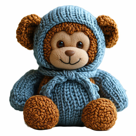 Handmade knitted toy teddy bear isolated on white background.
