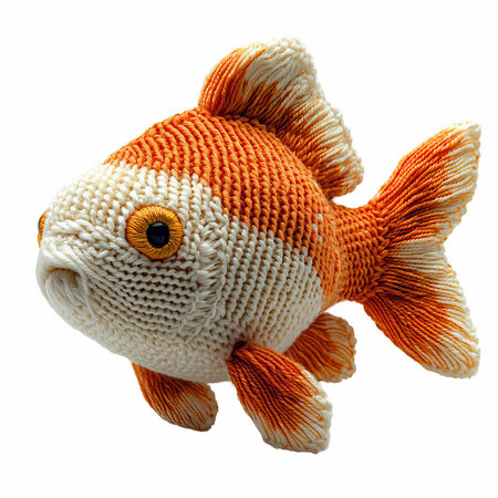 Knitted toy goldfish isolated on white background with clipping path.の写真素材