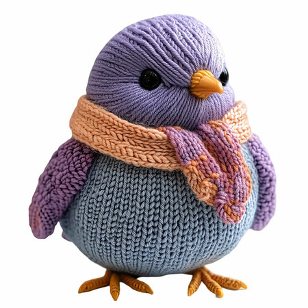 Knitted toy penguin with scarf isolated on a white background.の写真素材