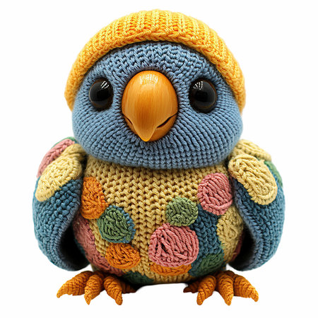 Handmade knitted owl isolated on white background with clipping path.の写真素材