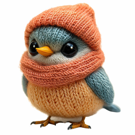 Cute little bird in knitted hat isolated on white background.の写真素材
