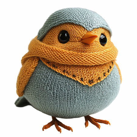 Cute little bird in knitted hat isolated on white background.の写真素材