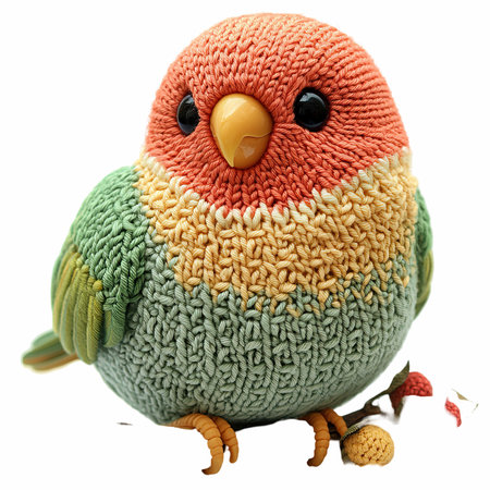 Cute green bird in a knitted hat on a white backgroundの写真素材