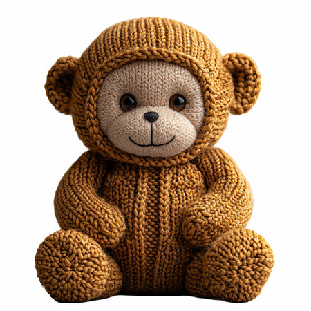 Teddy bear in a knitted hat isolated on white background.
