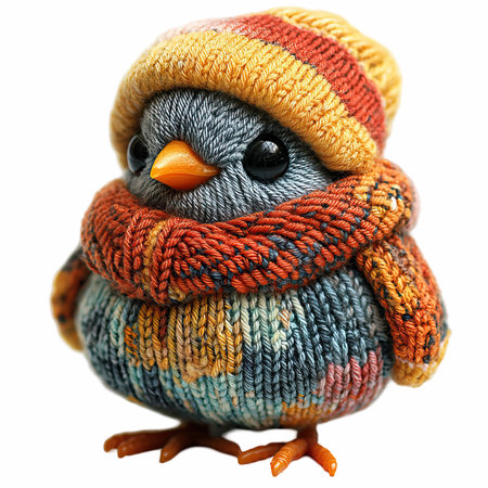 Handmade woolen bird with scarf isolated on white background. Close up.の写真素材