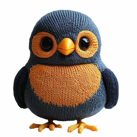 Cute little bird in knitted hat isolated on white backgroundの写真素材