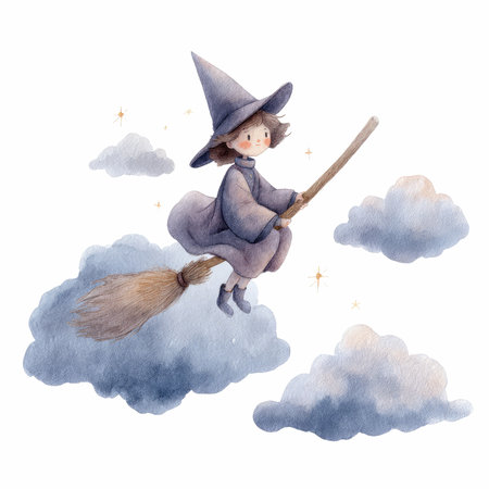 A charming illustration of a miniature witch wearing a pointy hat, joyfully riding her broom across fluffy clouds in a whimsical sky.の写真素材