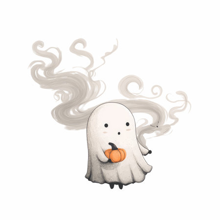 This delightful illustration features a cute ghost character joyfully holding a tiny pumpkin, surrounded by whimsical swirls, perfect for Halloween decorations.の写真素材