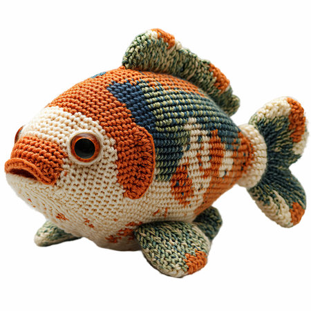 Handmade knitted toy fish isolated on white background. Closeup.の写真素材