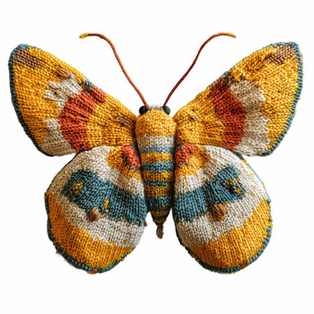 Handmade knitted butterfly isolated on white background with clipping path.の写真素材