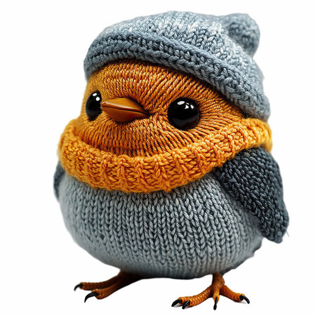 Cute bird in a knitted hat isolated on white background.の写真素材