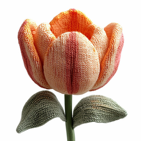 Handmade knitted tulip flower isolated on white background. Studio shot.の写真素材