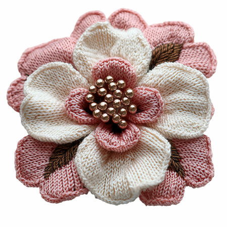 Handmade knitted flower isolated on white background. Top view.の写真素材