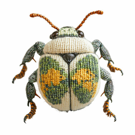 Handmade woolen beetle isolated on white background. Knitted beetle.の写真素材
