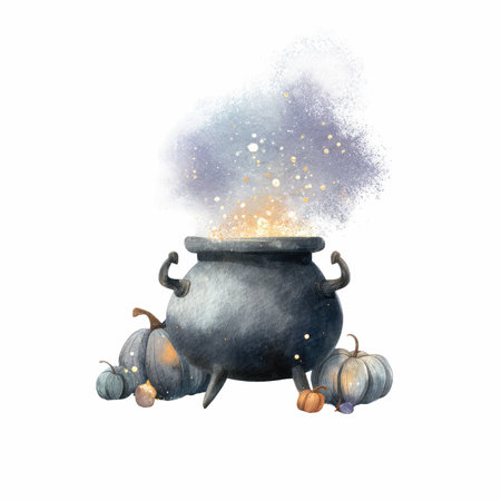Discover a whimsical watercolor illustration featuring a bubbling cauldron with colorful potion and rustic pumpkins, perfect for Halloween themes.の写真素材
