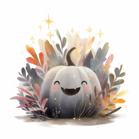 This enchanting Halloween artwork features a smiling jack-o&#39;-lantern nestled among vibrant leaves, evoking joy and whimsy. Perfect for festive decor!の写真素材