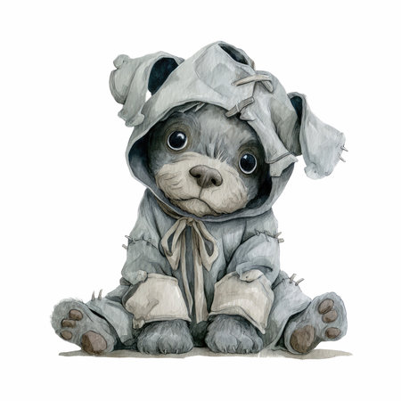 This charming watercolor illustration depicts a playful zombie dog in a cozy hoodie, radiating whimsy and joy. Perfect for pet lovers!の写真素材