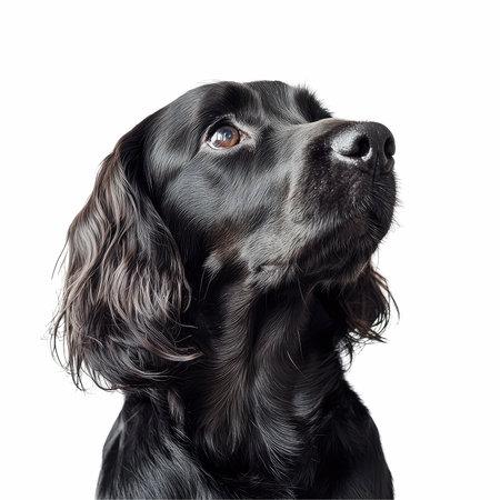 Portrait of a black spaniel dog, isolated on white background