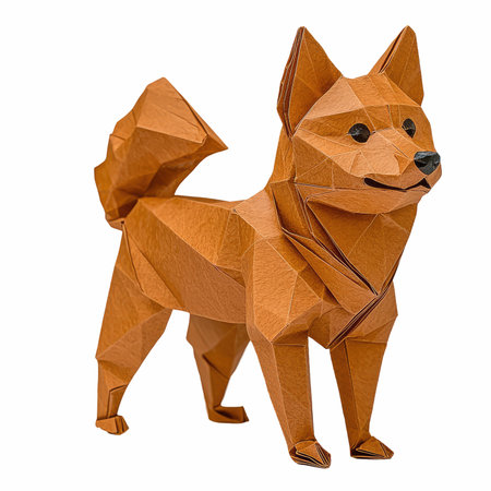 Origami dog made of paper isolated on white background. 3d illustration.の写真素材