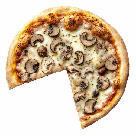 Pizza with mushrooms isolated on a white background. Top view.の写真素材