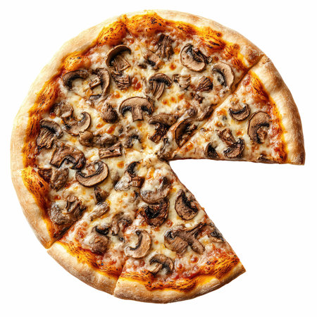 Pizza with mushrooms and cheese isolated on white background. Top view.の写真素材