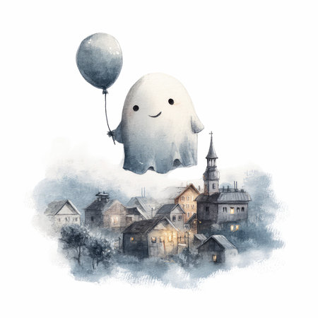 A charming illustration featuring a whimsical ghost holding a balloon while drifting over a quaint village at dusk, creating a serene atmosphere.の写真素材