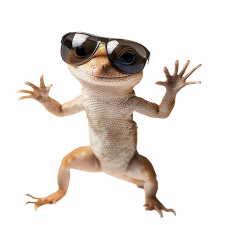 3D rendering of a little lizard wearing sunglasses isolated on white backgroundの写真素材