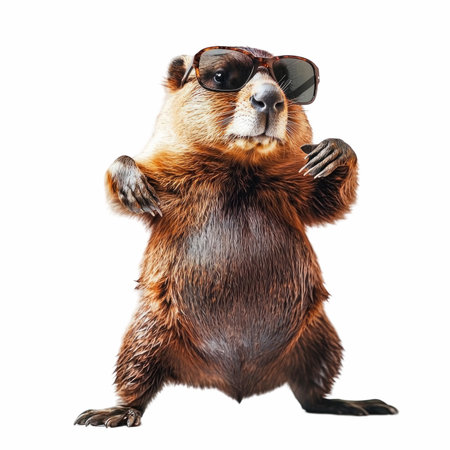 Beaver with sunglasses isolated on white background. 3d rendering.の写真素材