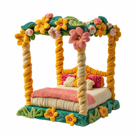 A 3d render of a bed decorated with flowers isolated on white backgroundの写真素材