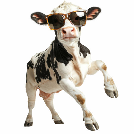 Funny cow with sunglasses isolated on white background. Animal portrait.の写真素材