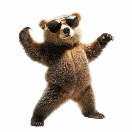 3D rendering of a cute brown bear wearing sunglasses isolated on white backgroundの写真素材