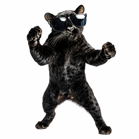 3D rendering of a black cat with sunglasses isolated on white backgroundの写真素材