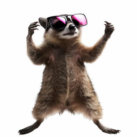 3D digital render of a cute raccoon with sunglasses isolated on white backgroundの写真素材