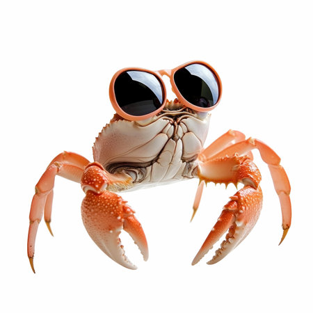 Funny crab with sunglasses isolated on white background. Clipping path includedの写真素材
