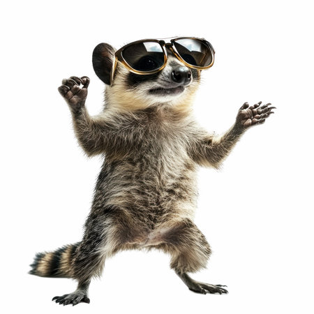 Funny raccoon in sunglasses. Isolated on white background.の写真素材