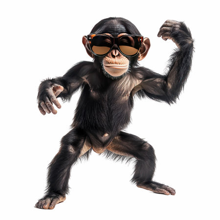 3D digital render of a chimpanzee with sunglasses isolated on white backgroundの写真素材